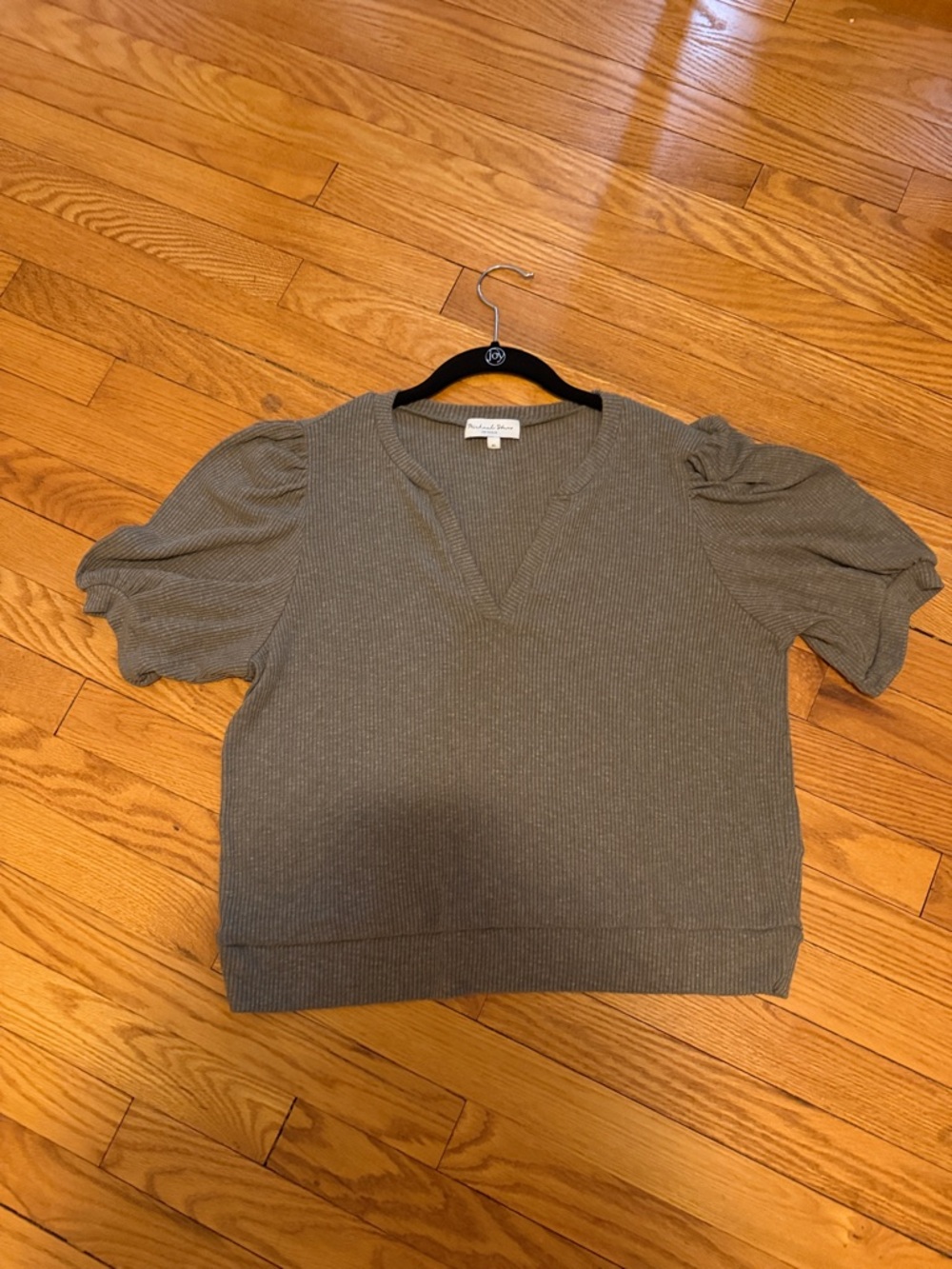 Michael Stars Gray Ribbed V-Neck Top with Puff Sleeves